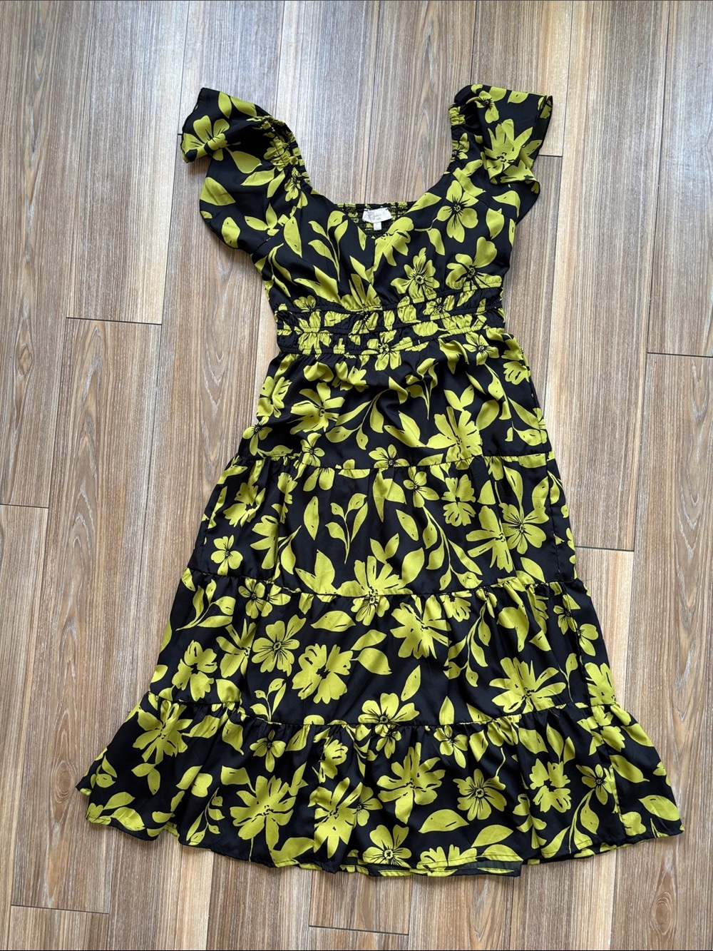 indulge Black & Chartreuse Floral Tiered Midi Dress